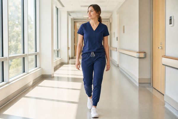 Female nurse walking in navy jogger scrubs with cuffed ankles