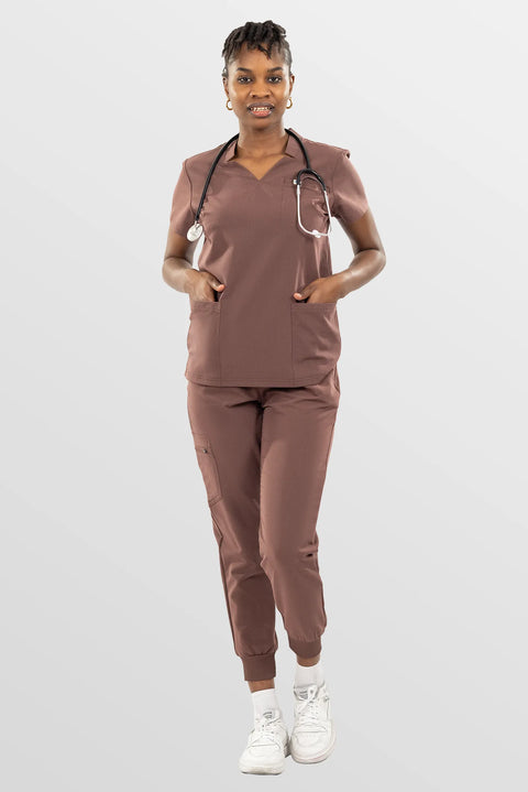 Eadflie Women's Split V-Neck Cargo Jogger Workwear Set 10 - Coffee