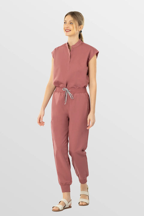 Eadflie Women's Sleeveless Mandarin Collar Jogger Workwear Set 02 - Pink