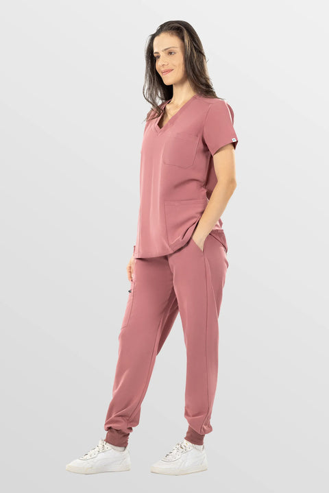 Eadflie Women's V-Neck Jogger Workwear Set – 8-Pocket Soft Stretch Two-Piece Uniform 03 - Flesh Pink