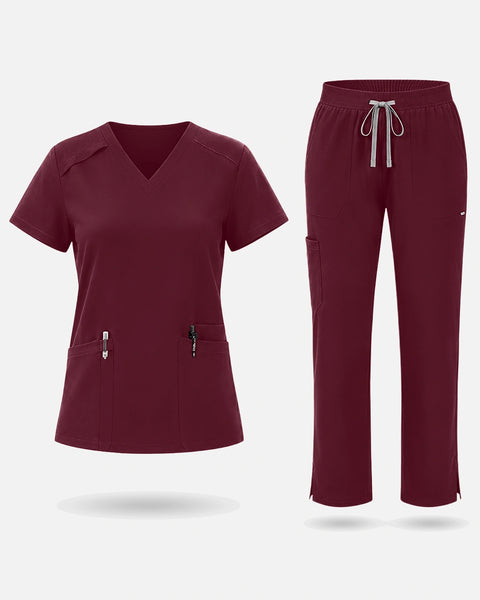 Burgundy Red – Eadflie Women's Woven V-Neck Uniform Set – Straight-Leg Structured – product image 01