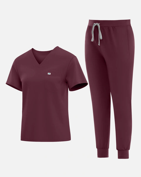 Burgundy Red – Eadflie Women's Knit V-Neck Jogger Uniform Set – product image 01