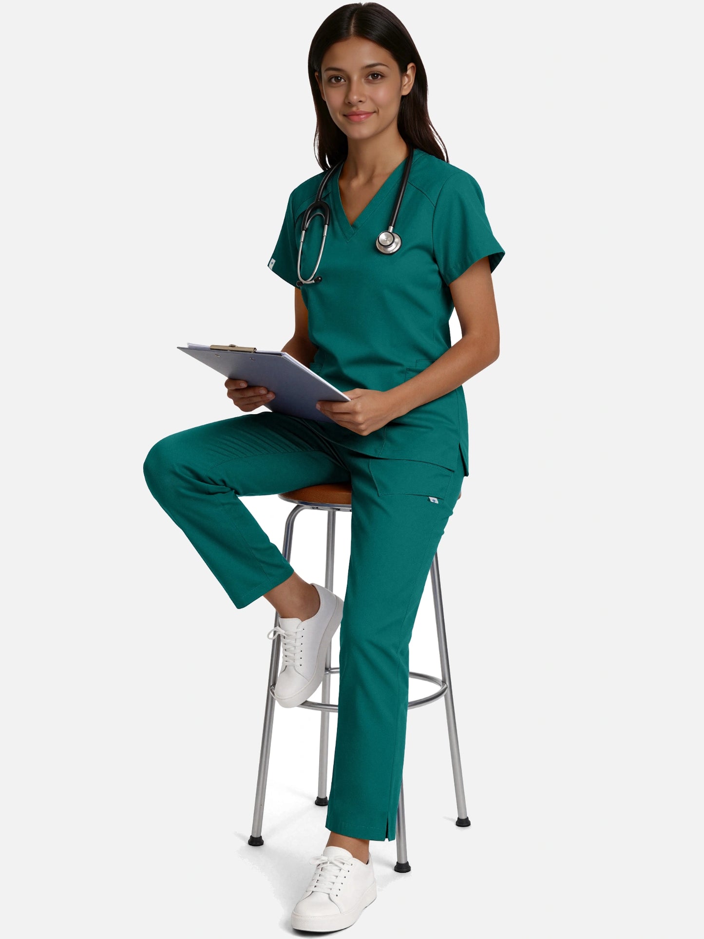 Dark Green – Eadflie Women's Woven V-Neck Uniform Set – Straight-Leg Structured – product image 80