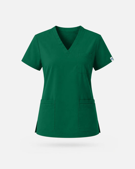Hunter Green – Eadflie Women's V-Neck Uniform Top – Short Sleeve 3-Pocket Soft Stretch – product image 01