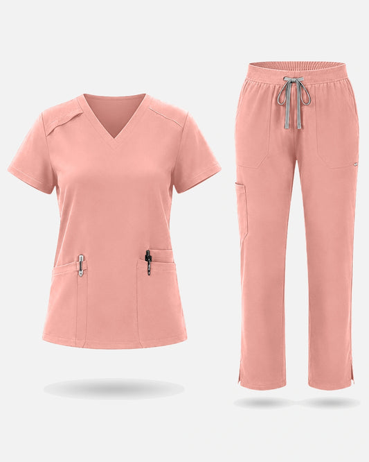 Pink – Eadflie Women's Woven V-Neck Uniform Set – Straight-Leg Structured – product image 81