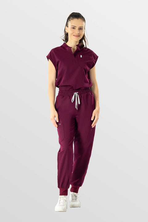 Eadflie Women's Henley Sleeveless Jogger Workwear Set 08 - Wine Red