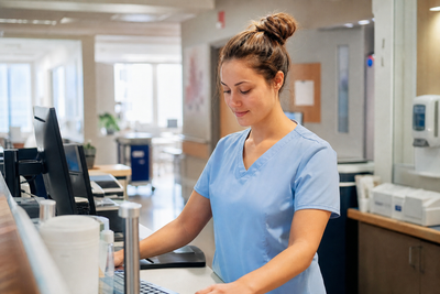 Healthcare worker in ceil blue scrubs using a computer at a nurses' station