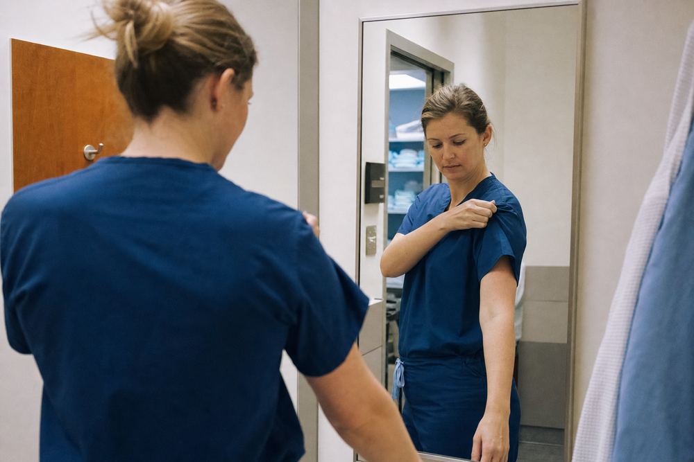 Healthcare worker checking the fit of a navy scrub top in a mirror