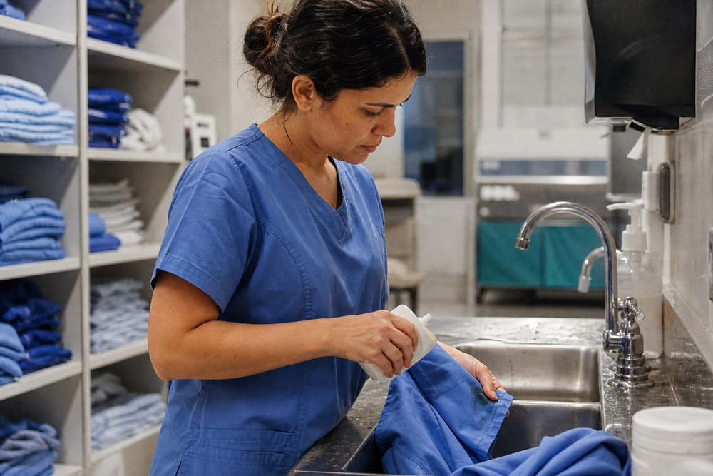 Healthcare worker in blue scrubs treating a stain on a uniform beside a sink