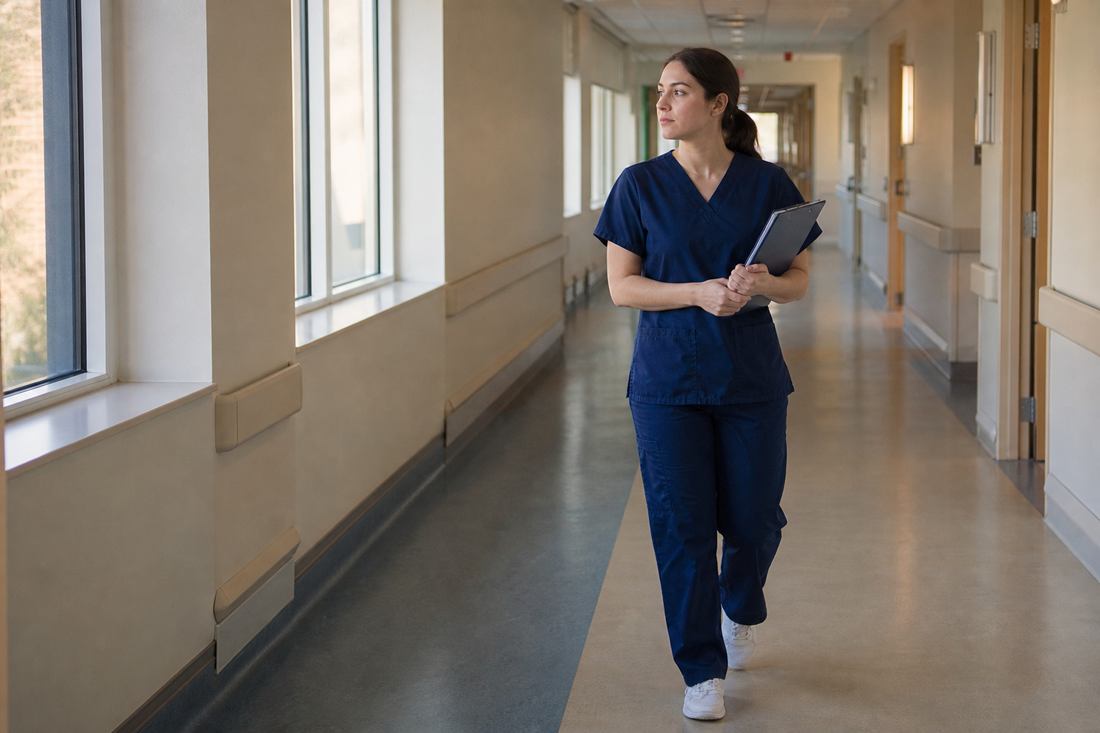 Nurse in navy blue scrubs walking through a sunlit hospital corridor