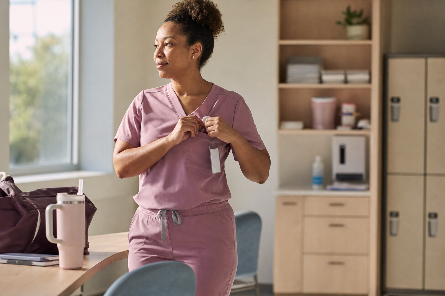 Nurse preparing for a shift in a muted pink scrub set