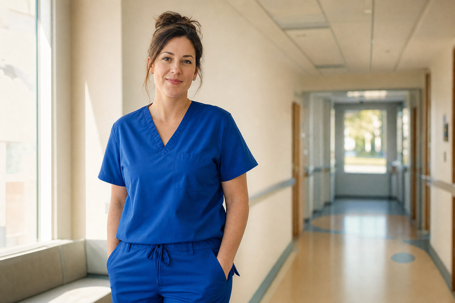 Nurse wearing royal blue scrubs in a sunlit hospital corridor