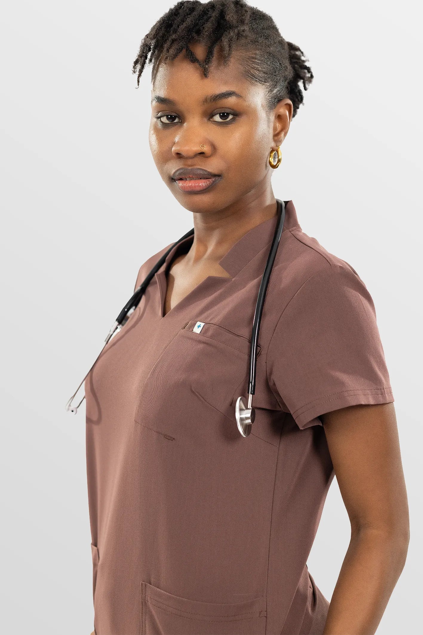 Brown Eipnare Women's Split V-Neck Cargo Jogger Multi-Pocket Scrub Set - Stretch Medical Scrubs for Women
