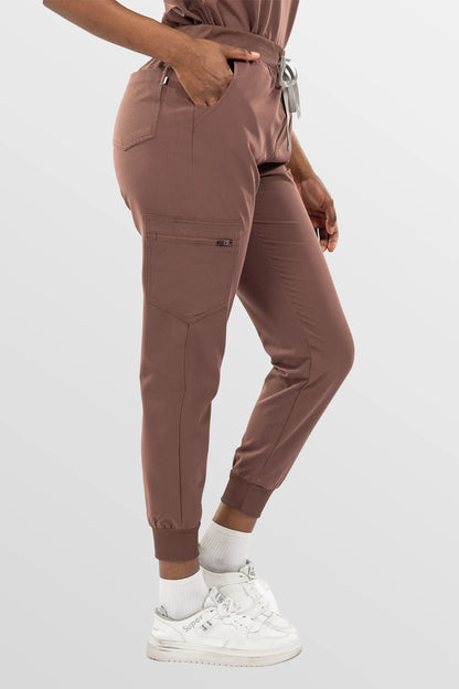 Brown Eipnare Women's Split V-Neck Cargo Jogger Multi-Pocket Scrub Set - Stretch Medical Scrubs for Women
