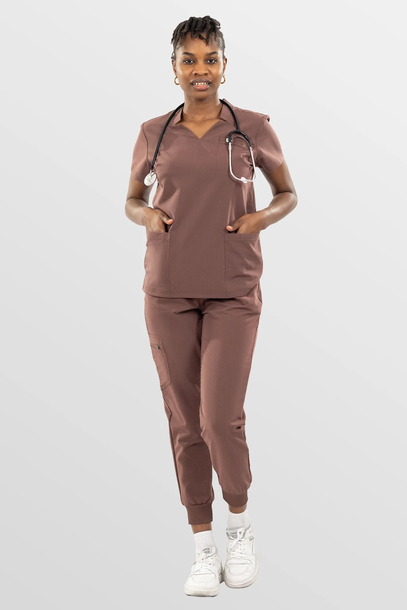 Coffee Eipnare Women's Split V-Neck Cargo Jogger Multi-Pocket Scrub Set - Stretch Medical Scrubs for Women