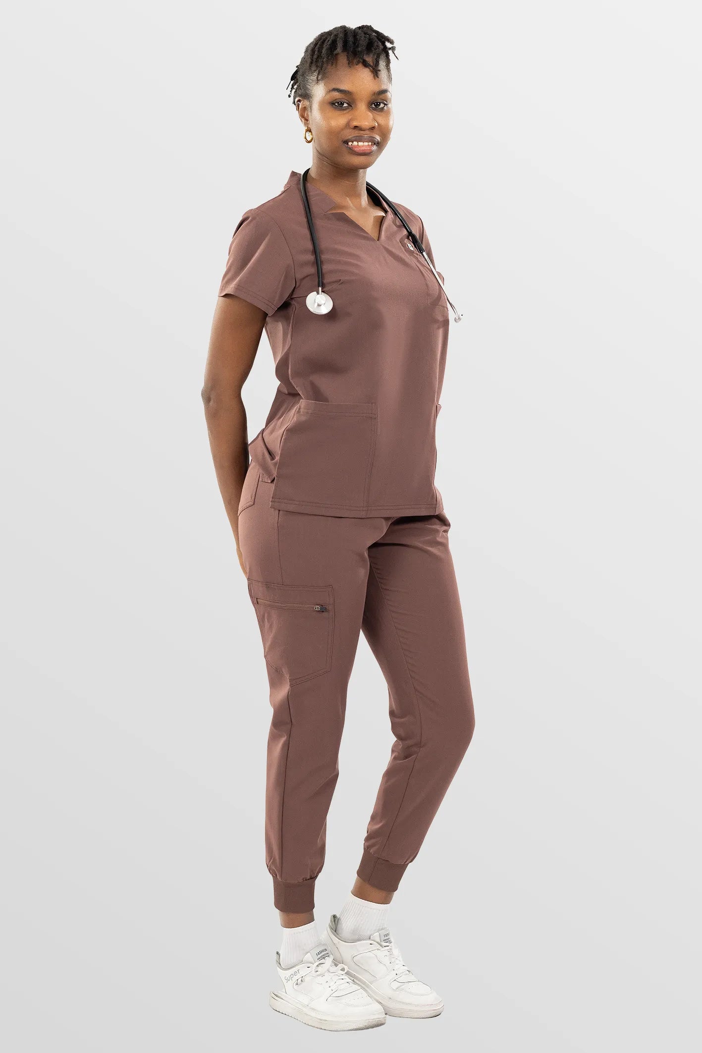 Brown Eipnare Women's Split V-Neck Cargo Jogger Multi-Pocket Scrub Set - Stretch Medical Scrubs for Women