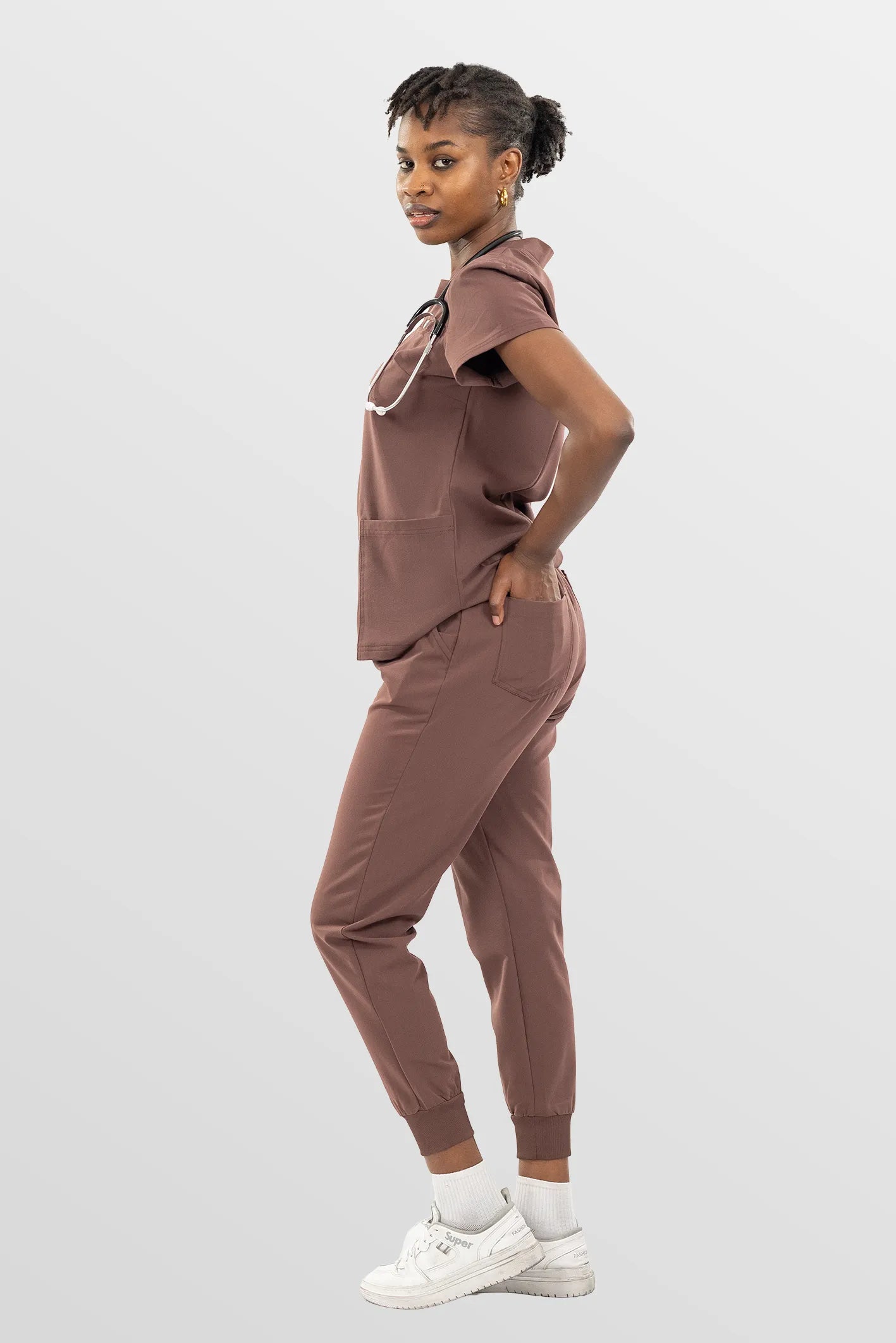 Brown Eipnare Women's Split V-Neck Cargo Jogger Multi-Pocket Scrub Set - Stretch Medical Scrubs for Women