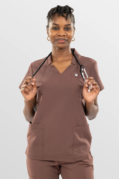 Brown Eipnare Women's Split V-Neck Cargo Jogger Multi-Pocket Scrub Set - Stretch Medical Scrubs for Women