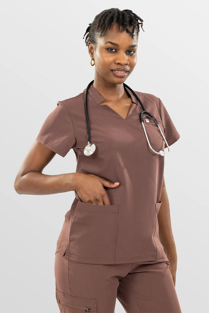 Brown Eipnare Women's Split V-Neck Cargo Jogger Multi-Pocket Scrub Set - Stretch Medical Scrubs for Women