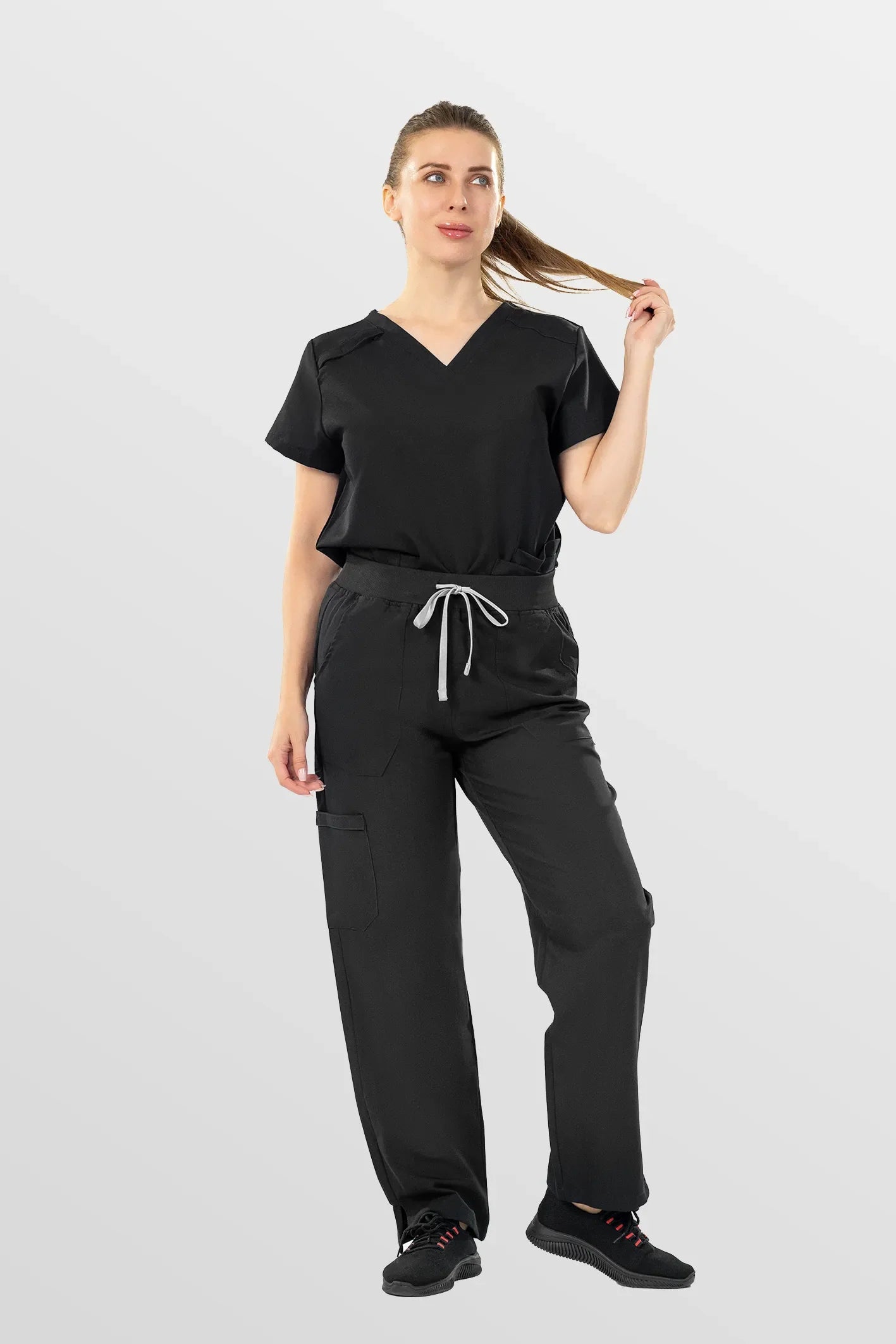 Black Eipnare Women's Woven V-Neck Straight-Leg Scrub Set - Stretch Medical Scrubs for Women