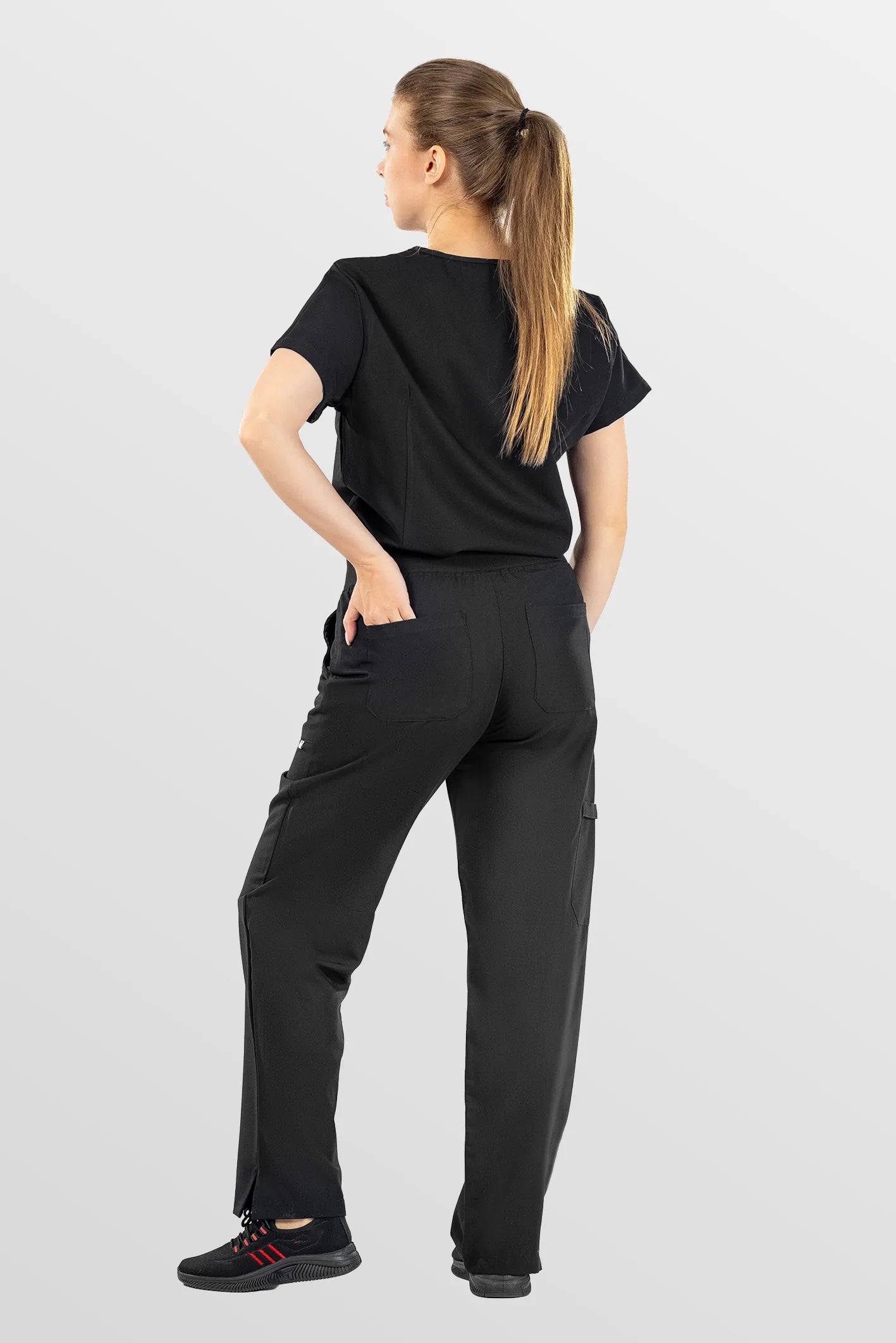 Black Eipnare Women's Woven V-Neck Straight-Leg Scrub Set - Stretch Medical Scrubs for Women