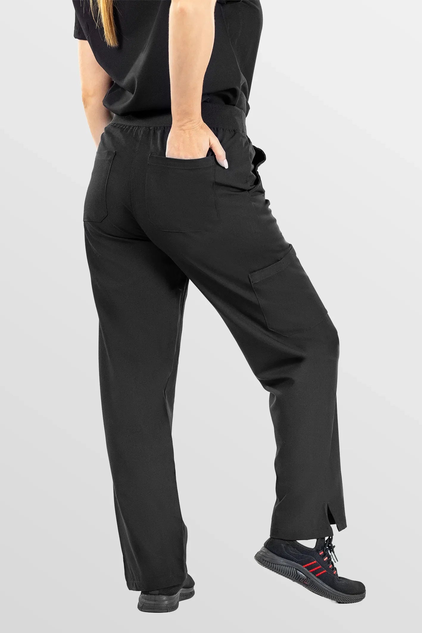 Black Eipnare Women's Woven V-Neck Straight-Leg Scrub Set - Stretch Medical Scrubs for Women