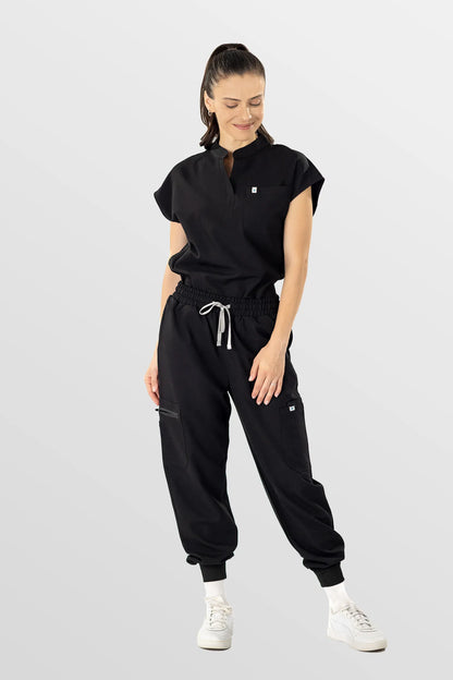 Black Eipnare Women's Henley Collar Sleeveless Jogger Scrub Set - Stretch Medical Scrubs for Women