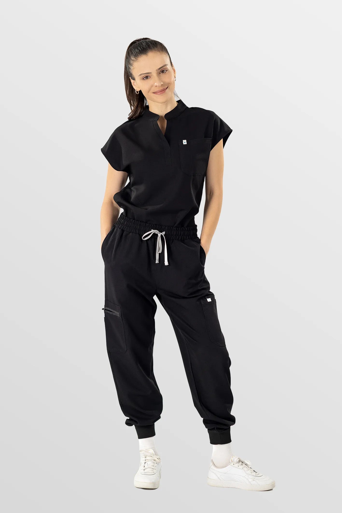 Black Eipnare Women's Henley Collar Sleeveless Jogger Scrub Set - Stretch Medical Scrubs for Women