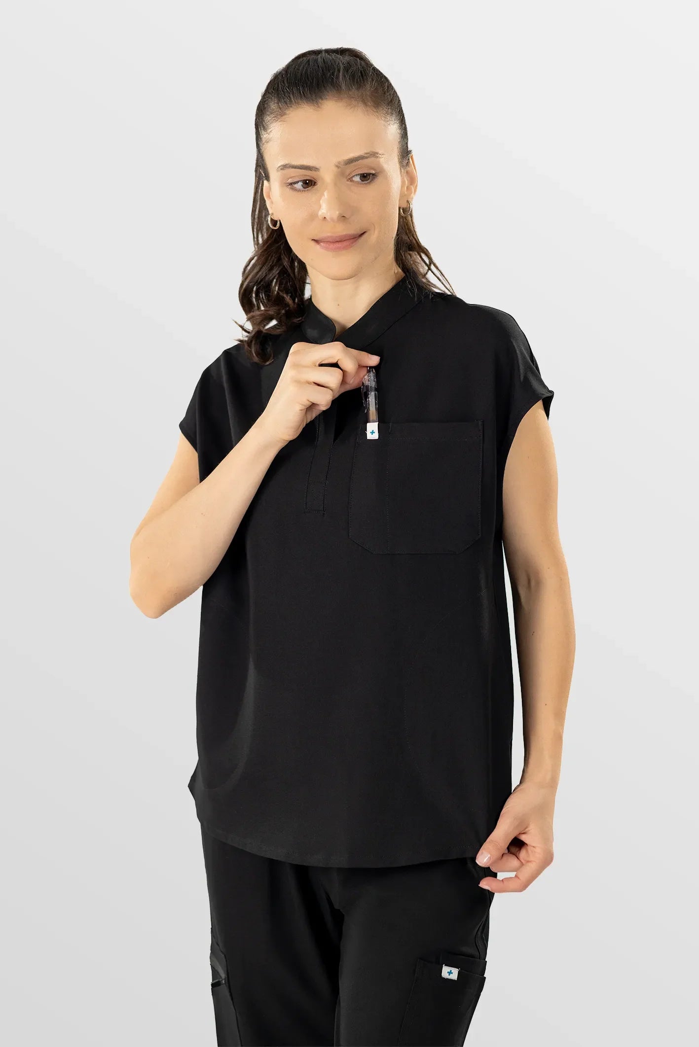 Black Eipnare Women's Henley Collar Sleeveless Jogger Scrub Set - Stretch Medical Scrubs for Women