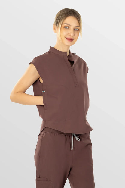 Brown Eipnare Women's Soft Stretch V-Neck Scrub Top & Tapered Pants Set - Stretch Medical Scrubs for Women
