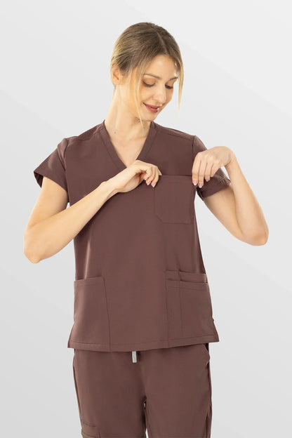 Brown Eipnare Women's V-Neck 8-Pocket Jogger Scrub Set - Stretch Medical Scrubs for Women