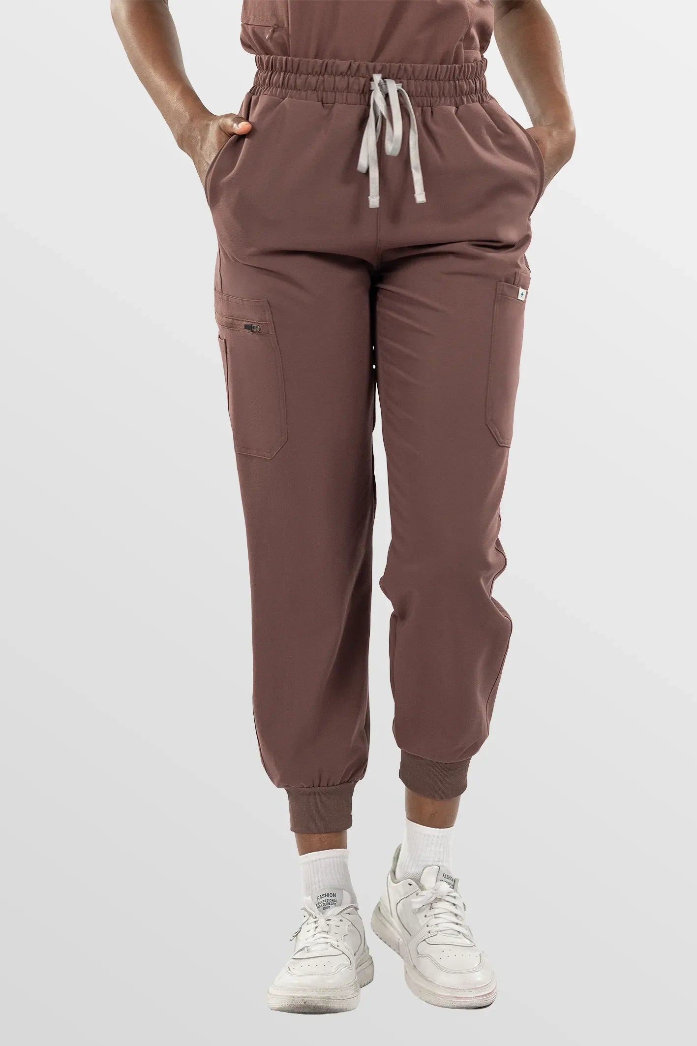 Brown Eipnare Women's Split V-Neck Cargo Jogger Multi-Pocket Scrub Set - Stretch Medical Scrubs for Women