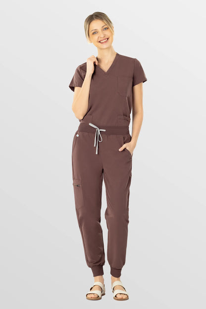 Brown Eipnare Women's V-Neck 8-Pocket Jogger Scrub Set - Stretch Medical Scrubs for Women