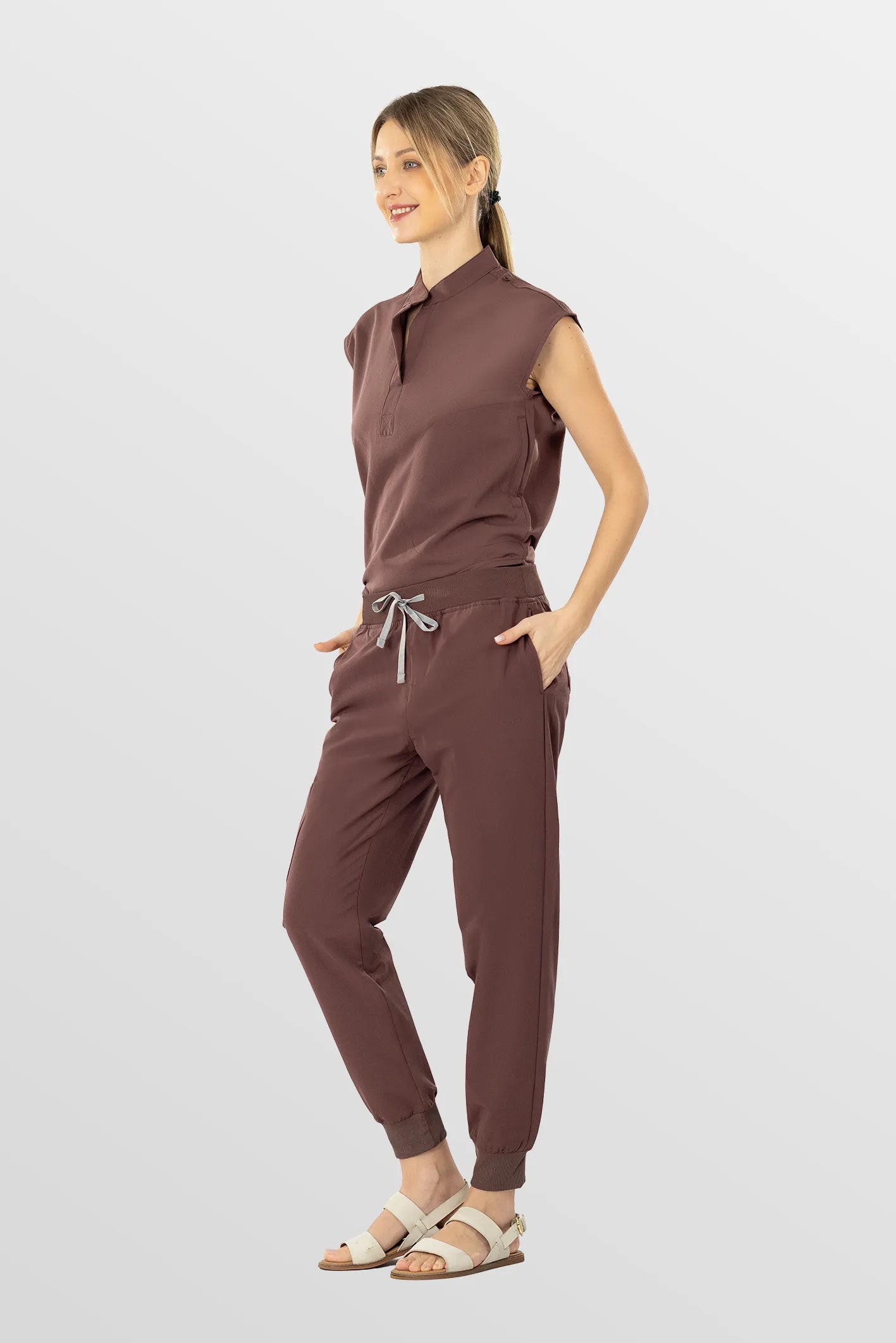 Brown Eipnare Women's Soft Stretch V-Neck Scrub Top & Tapered Pants Set - Stretch Medical Scrubs for Women