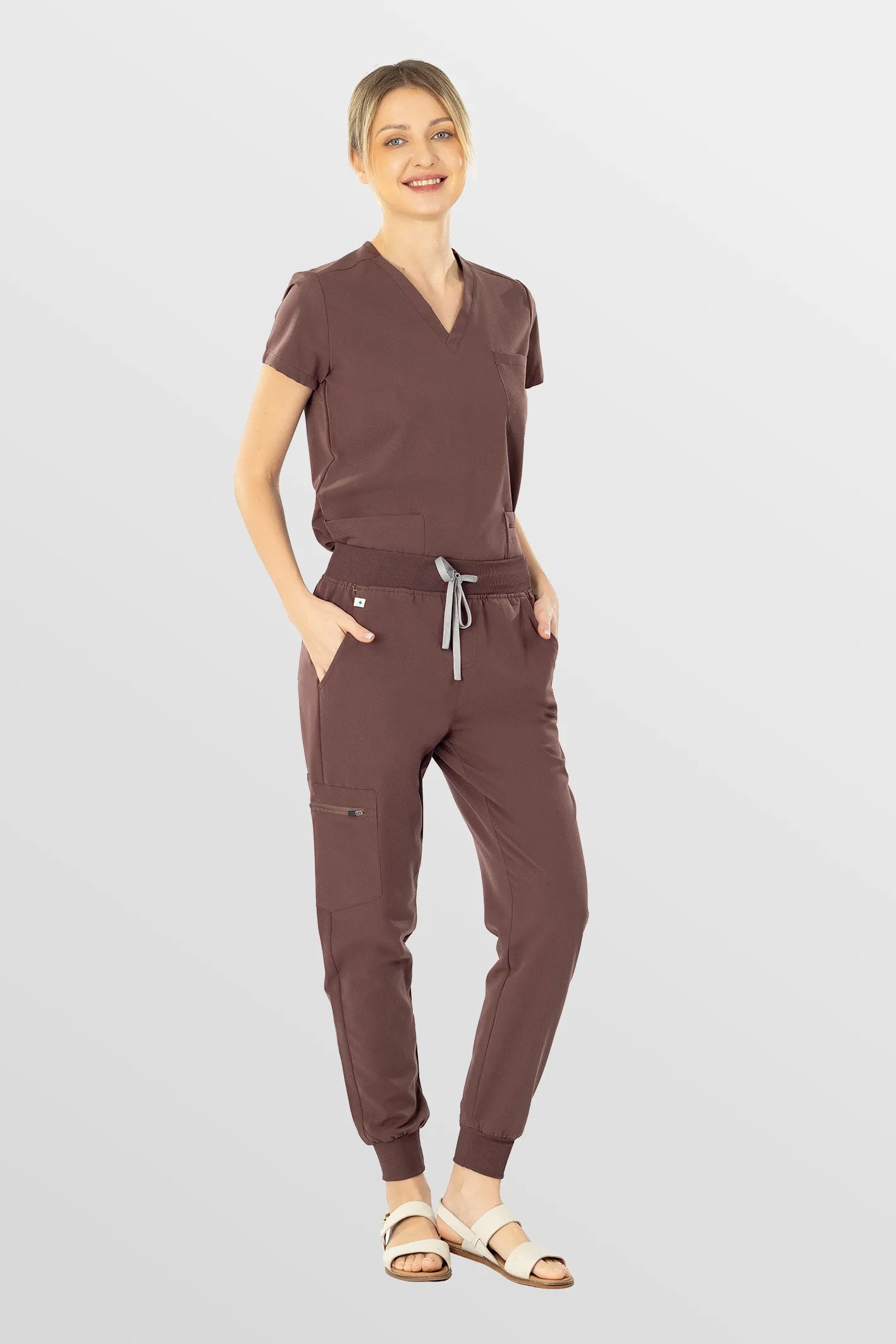 Brown Eipnare Women's V-Neck 8-Pocket Jogger Scrub Set - Stretch Medical Scrubs for Women