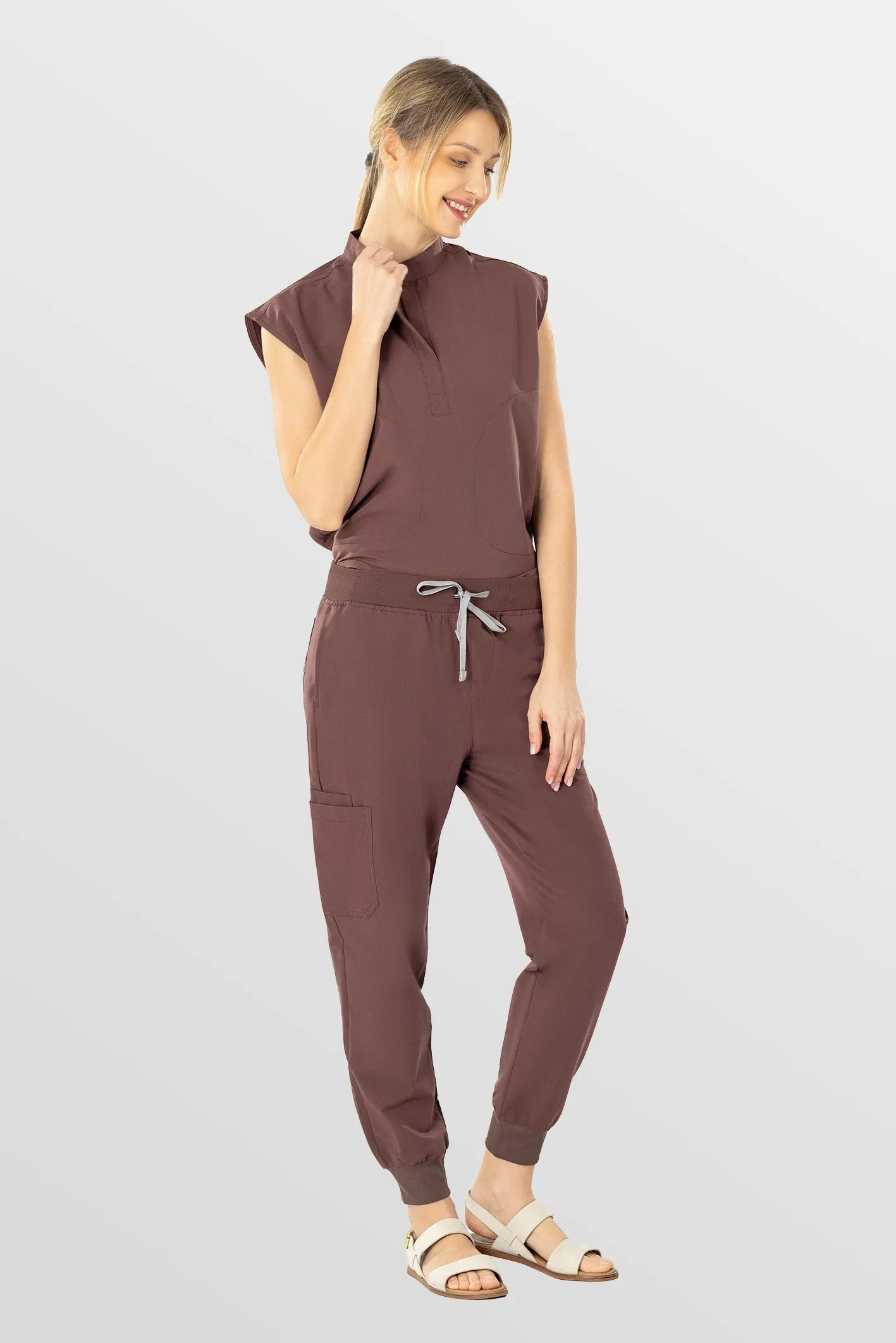 Brown Eipnare Women's Soft Stretch V-Neck Scrub Top & Tapered Pants Set - Stretch Medical Scrubs for Women