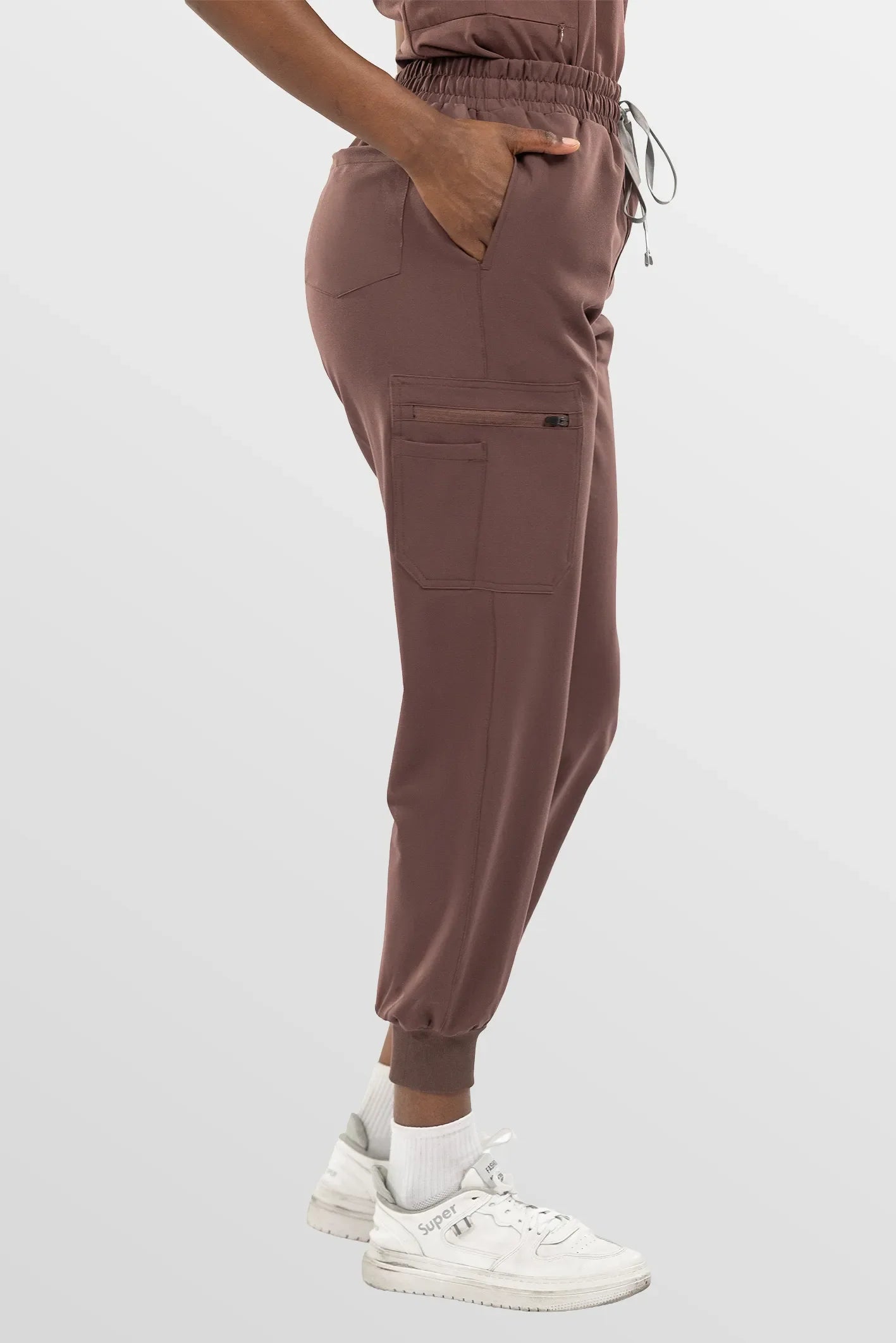 Brown Eipnare Women's Split V-Neck Cargo Jogger Multi-Pocket Scrub Set - Stretch Medical Scrubs for Women