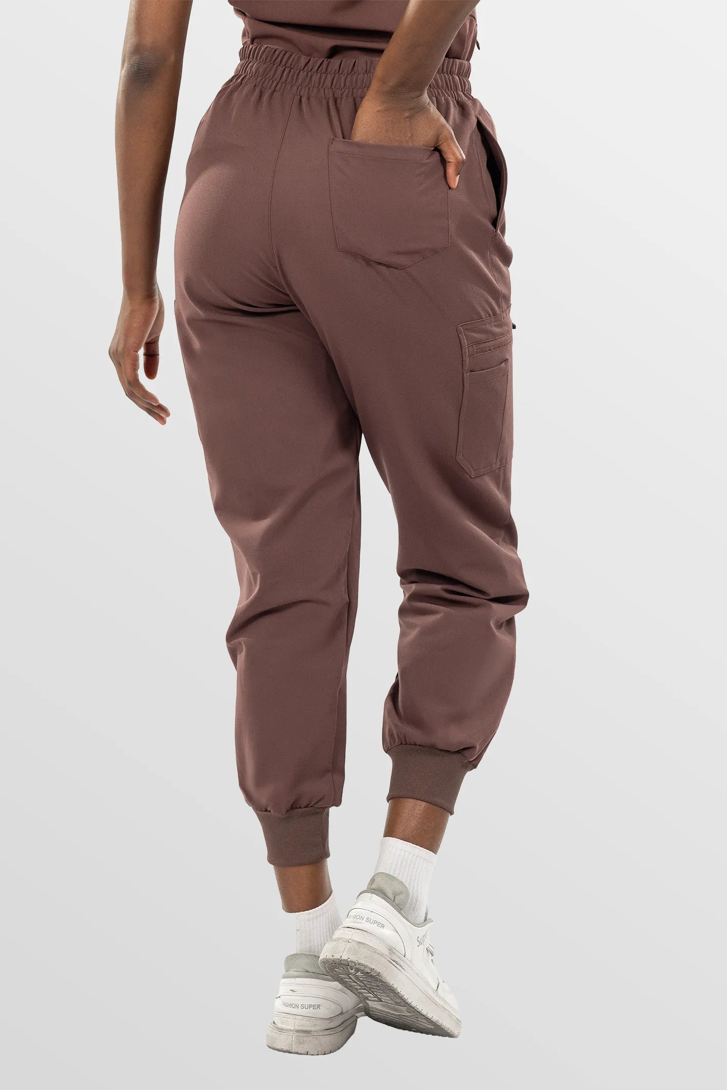 Brown Eipnare Women's Split V-Neck Cargo Jogger Multi-Pocket Scrub Set - Stretch Medical Scrubs for Women