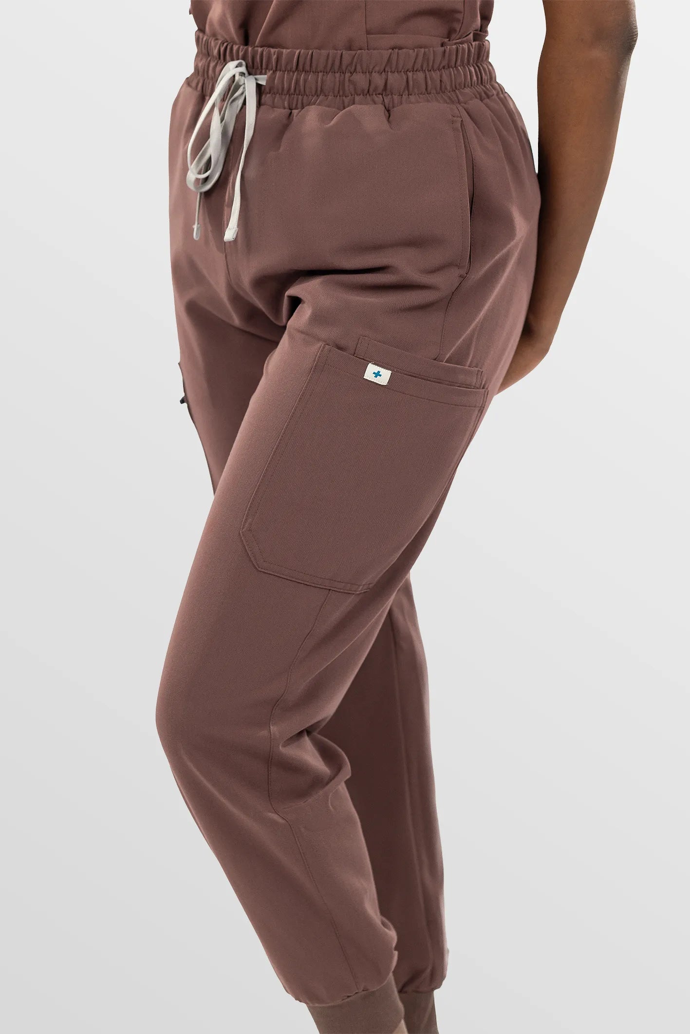 Brown Eipnare Women's Split V-Neck Cargo Jogger Multi-Pocket Scrub Set - Stretch Medical Scrubs for Women