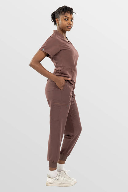 Brown Eipnare Women's Split V-Neck Cargo Jogger Multi-Pocket Scrub Set - Stretch Medical Scrubs for Women