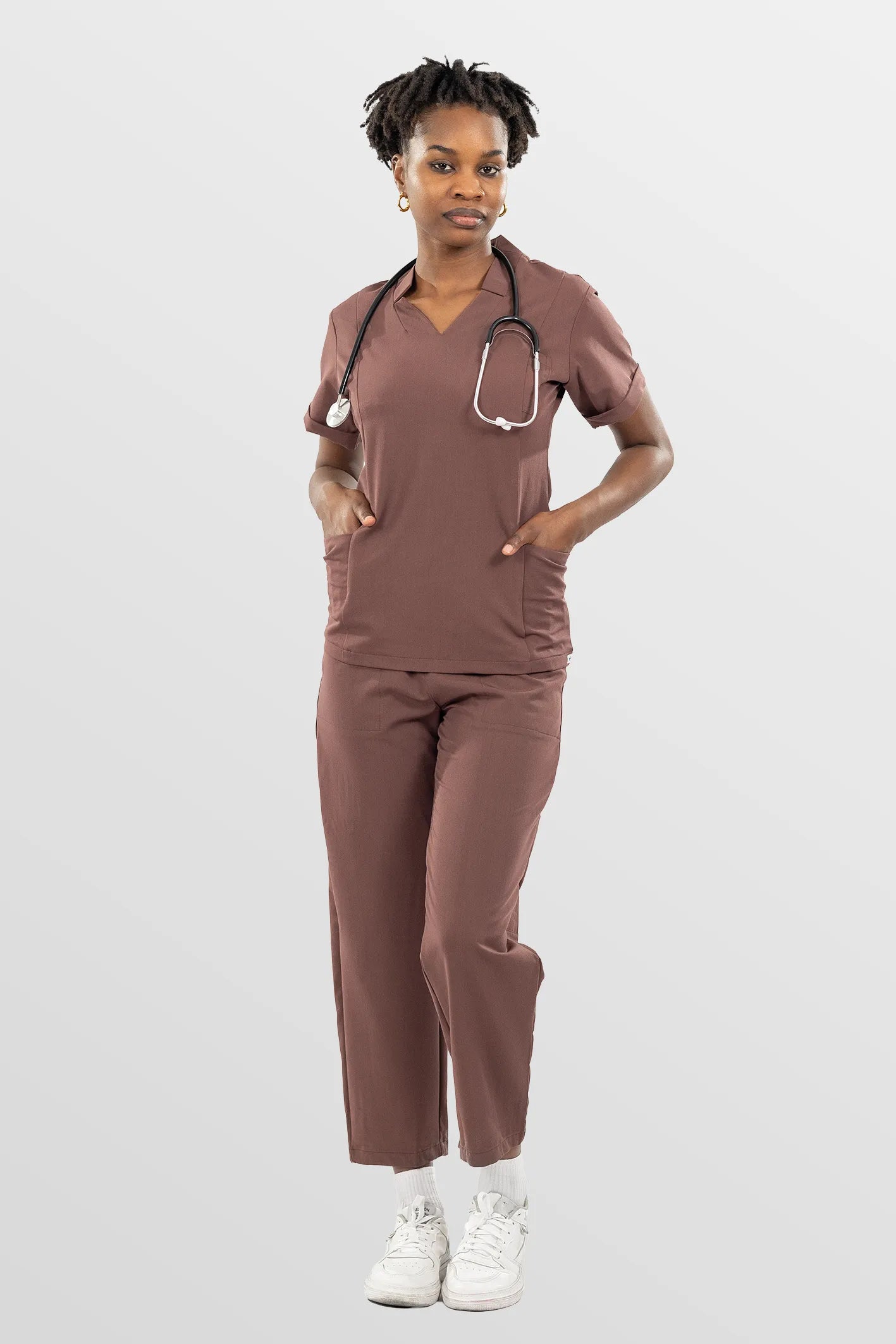 Brown Eipnare Women's V-Neck Split 9-Pocket Slim Fit Scrub Set - Stretch Medical Scrubs for Women