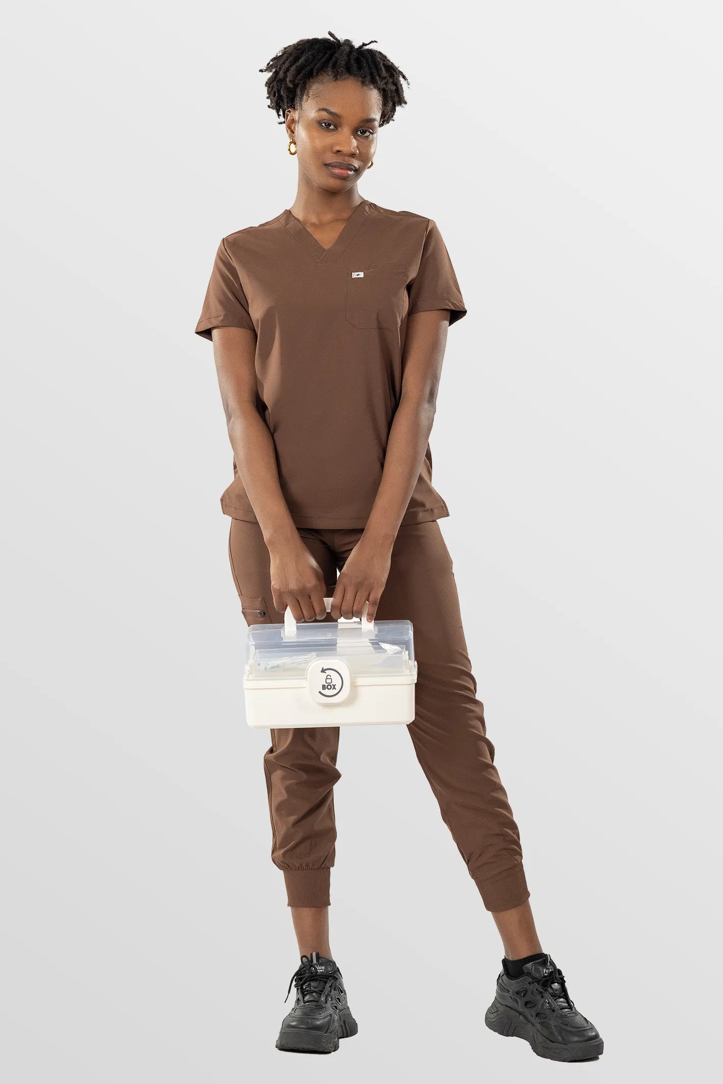Brown Eipnare Women's Soft Stretch V-Neck Scrub Top & Jogger Pants Set - Stretch Medical Scrubs for Women