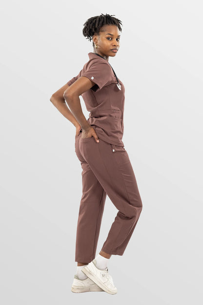 Brown Eipnare Women's V-Neck Split 9-Pocket Slim Fit Scrub Set - Stretch Medical Scrubs for Women