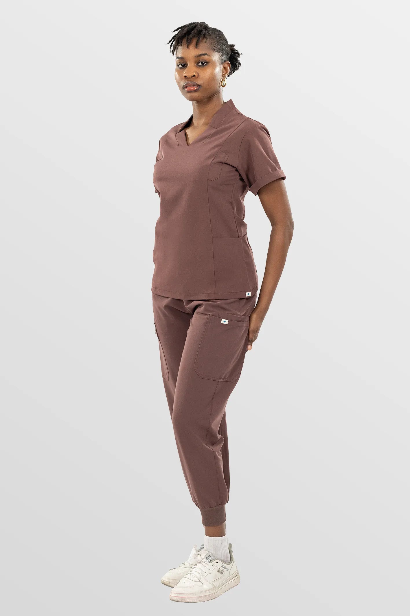 Brown Eipnare Women's Split V-Neck Cargo Jogger Multi-Pocket Scrub Set - Stretch Medical Scrubs for Women