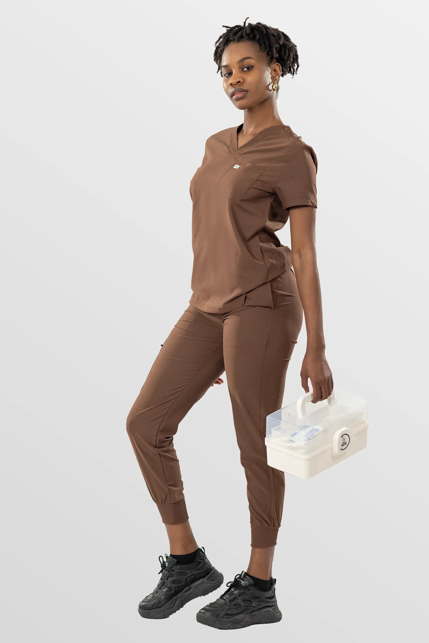 Brown Eipnare Women's Soft Stretch V-Neck Scrub Top & Jogger Pants Set - Stretch Medical Scrubs for Women