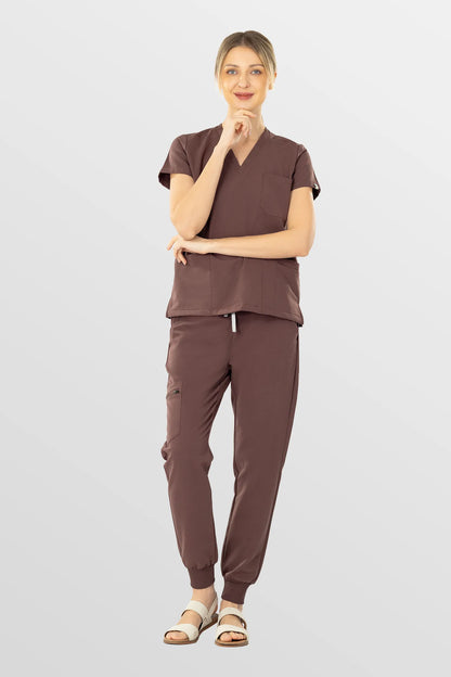 Brown Eipnare Women's V-Neck 8-Pocket Jogger Scrub Set - Stretch Medical Scrubs for Women
