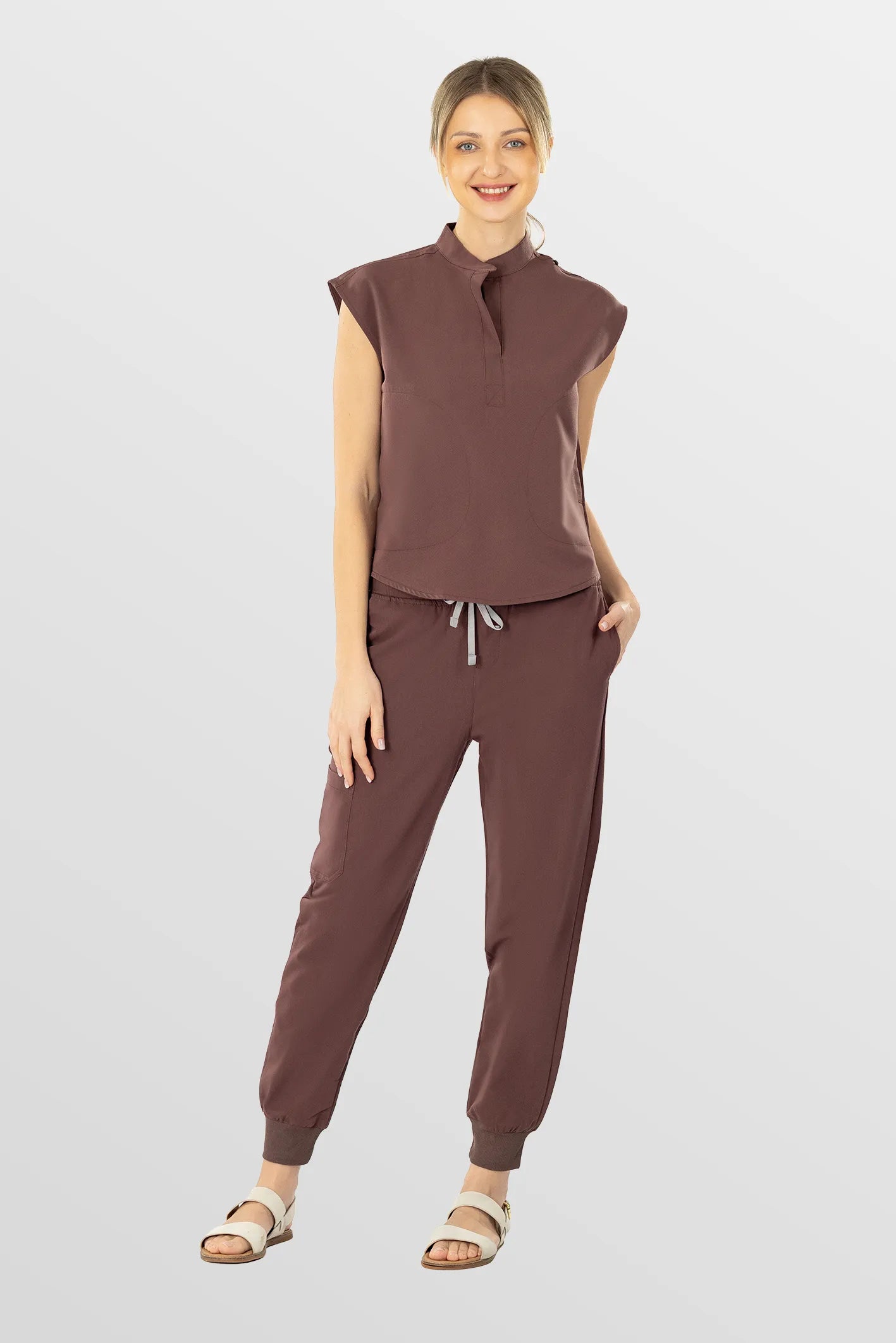 Brown Eipnare Women's Soft Stretch V-Neck Scrub Top & Tapered Pants Set - Stretch Medical Scrubs for Women