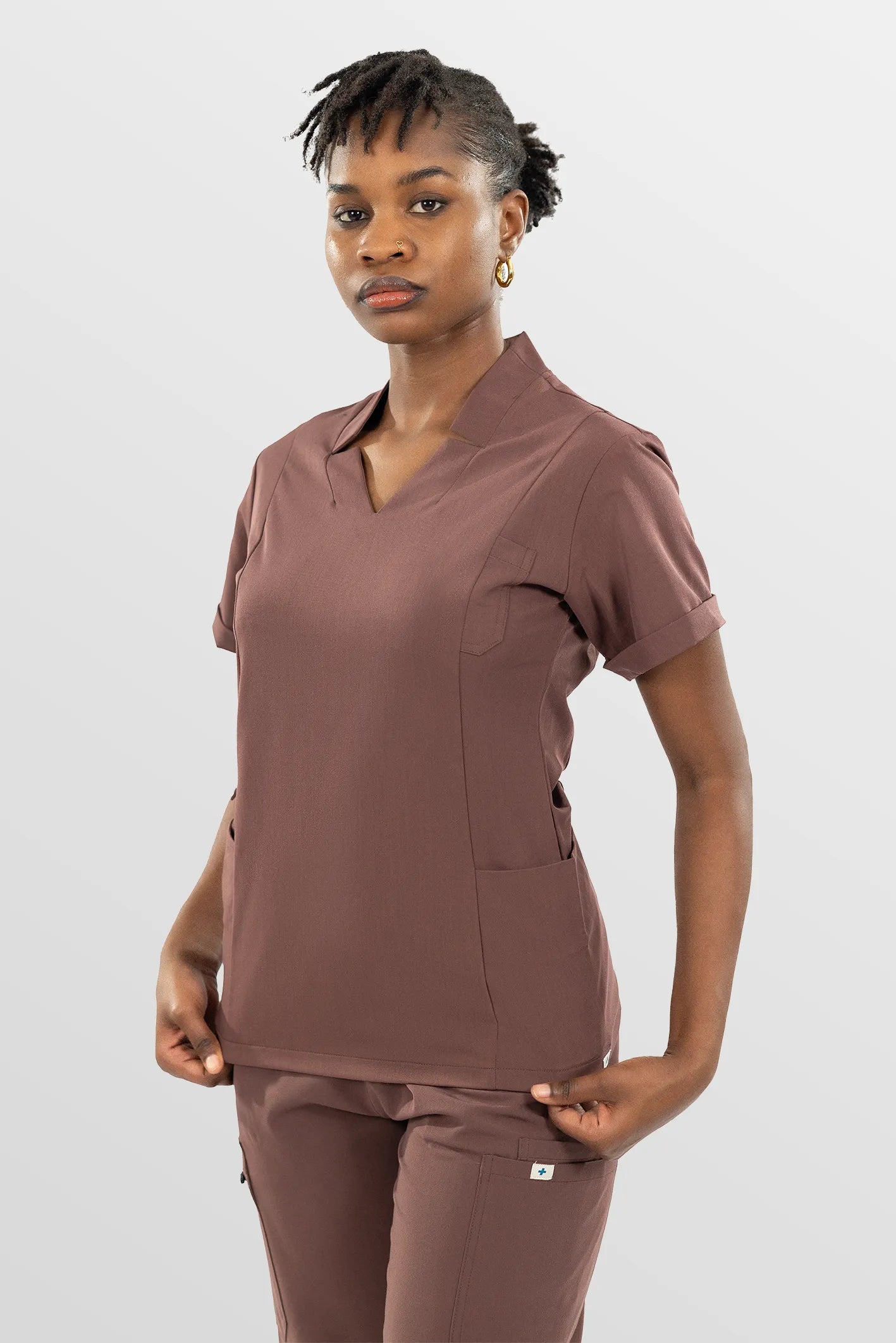 Brown Eipnare Women's Split V-Neck Cargo Jogger Multi-Pocket Scrub Set - Stretch Medical Scrubs for Women