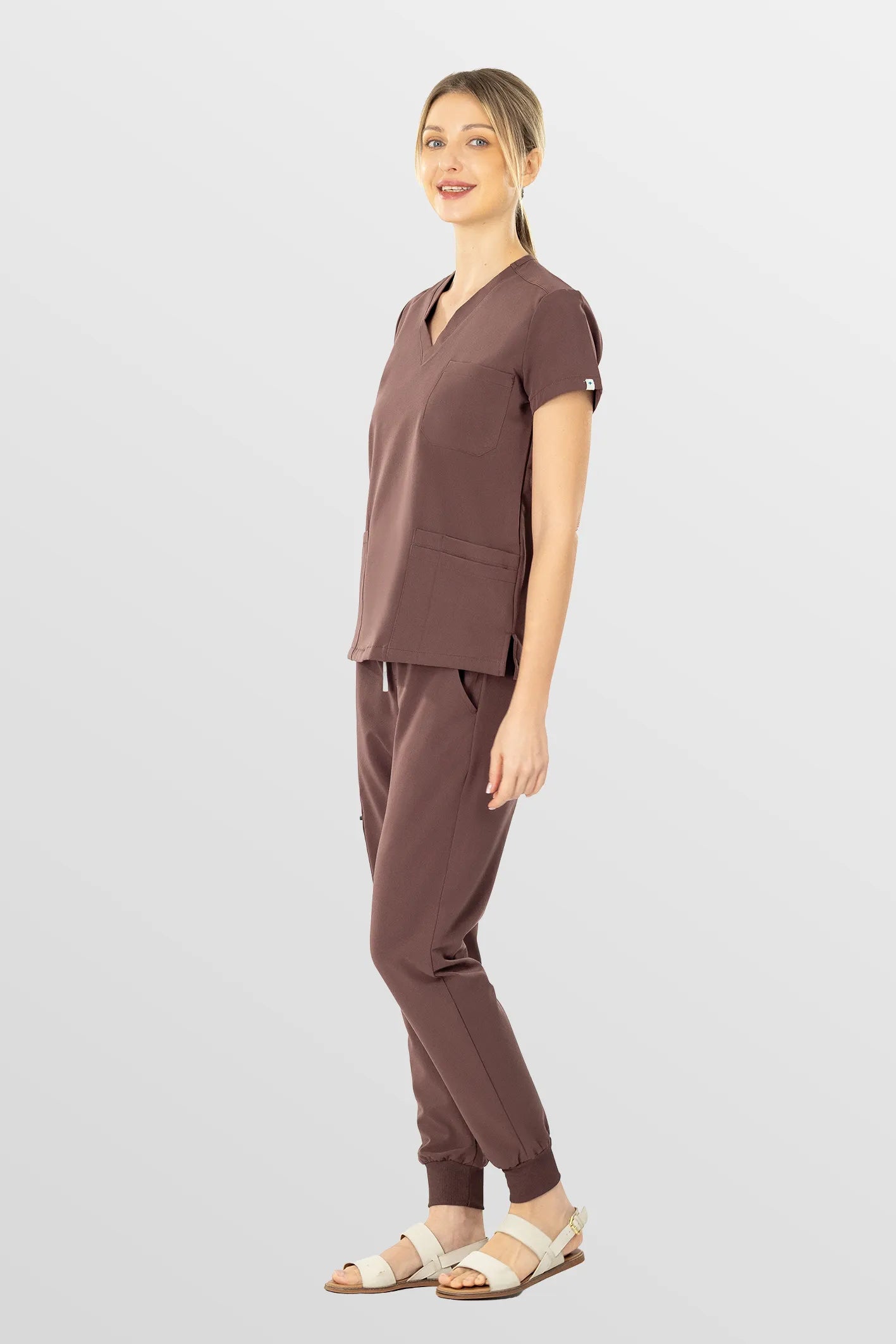 Brown Eipnare Women's V-Neck 8-Pocket Jogger Scrub Set - Stretch Medical Scrubs for Women