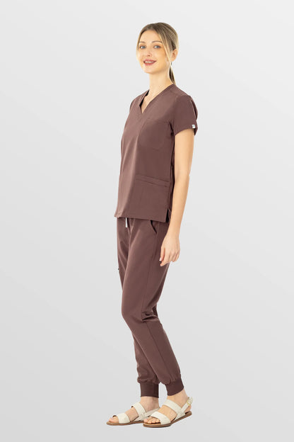 Brown Eipnare Women's V-Neck 8-Pocket Jogger Scrub Set - Stretch Medical Scrubs for Women